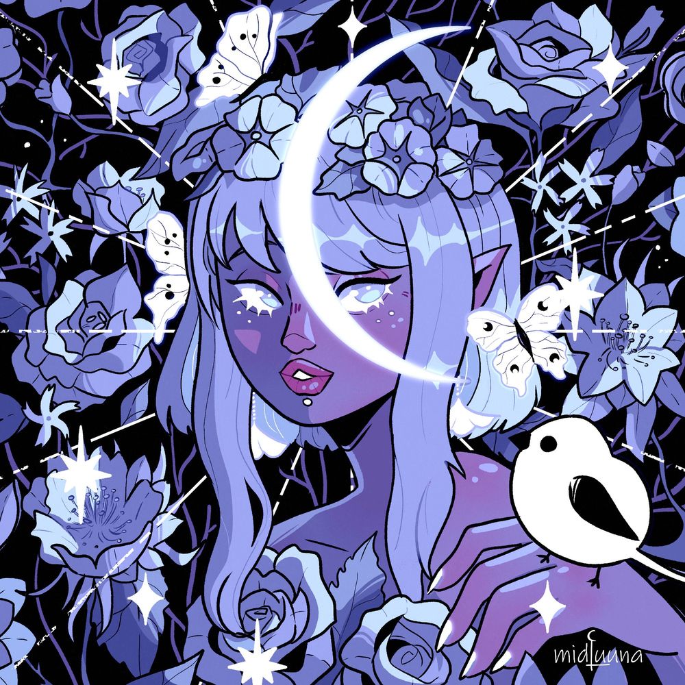 Floral composition with a woman with silver hair freckles and a moon in the center