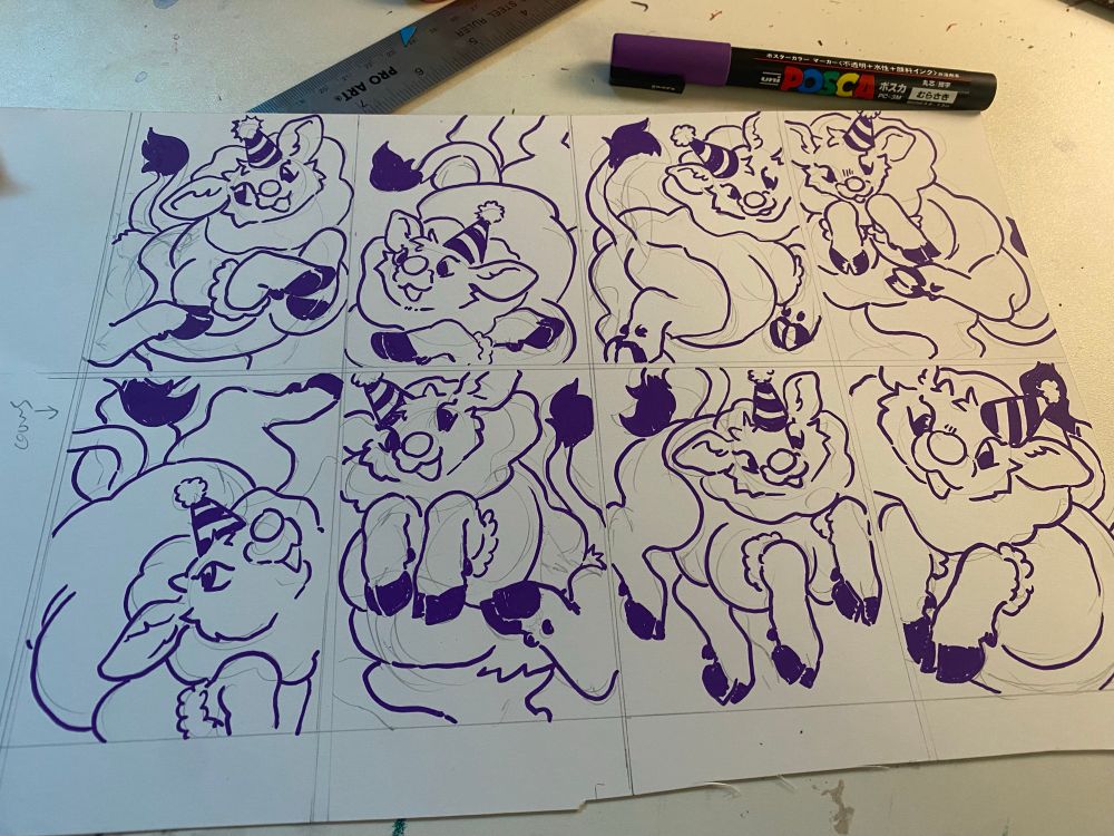 eight drawings of cows dressed as little clowns