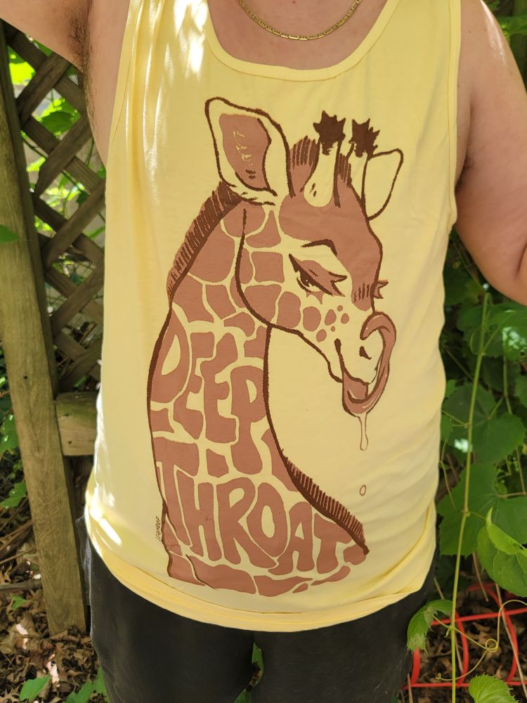 person wearing a DEEP THROAT tank under a garden trellis. The shirt is a headshot of a giraffe licking its muzzle, the words "Deep Throat" are spelled out in its spots.