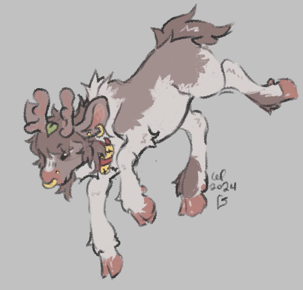 a white and pale brown reindeer with small pink velvet antlers, shaggy brown mullet and pierced nose/ears, and a leaf on its head. it is prancing forward with head down.