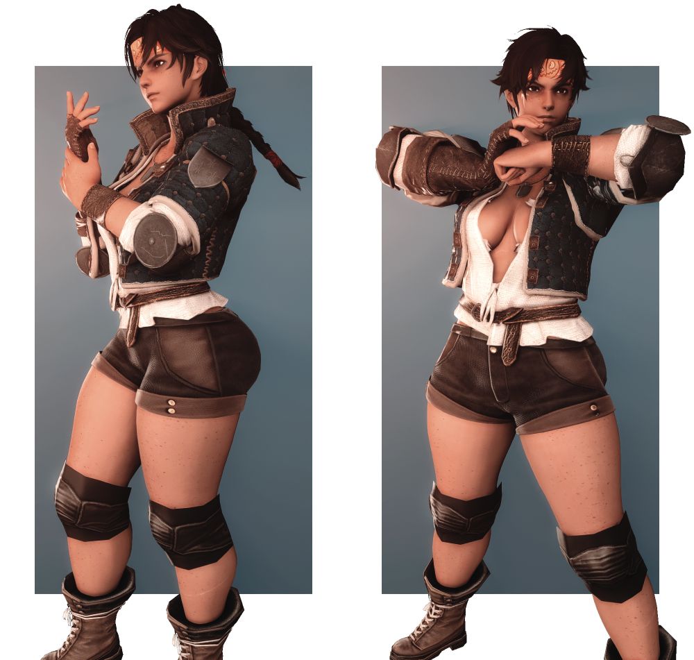 Two screenshots placed together depicting Beatrice (aka Trish) posing against a gradient blue background and framed with white borders. She is shown with a much shorter hair braid, an orange head band is wrapped around her forehead.