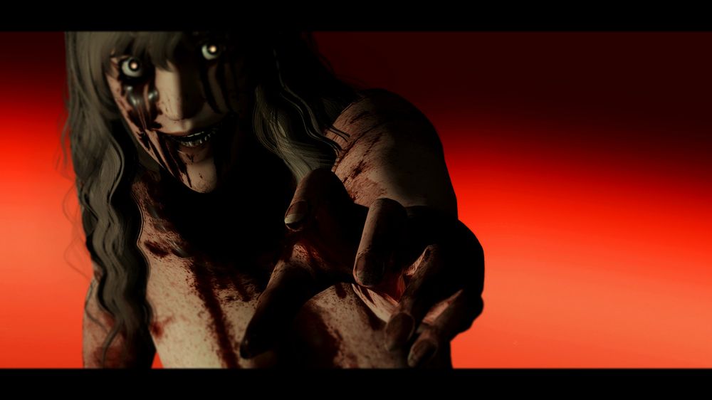 Screenshot of Guinevere, now exposed to a light source against a deep red background.

Her eyes are wide and wild-looking, and her pupils are illuminated yellow as she reaches towards the camera. She is nude and covered in dark blood, with more blood coming out of her open mouth as she smiles.