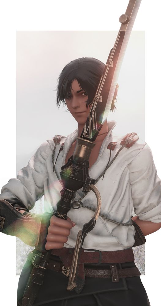 Screenshot of Byleth standing in front of a desaturated field of flowers, he is framed with a white border. A sun beam is bouncing off his smallsword as he smiles towards the camera.