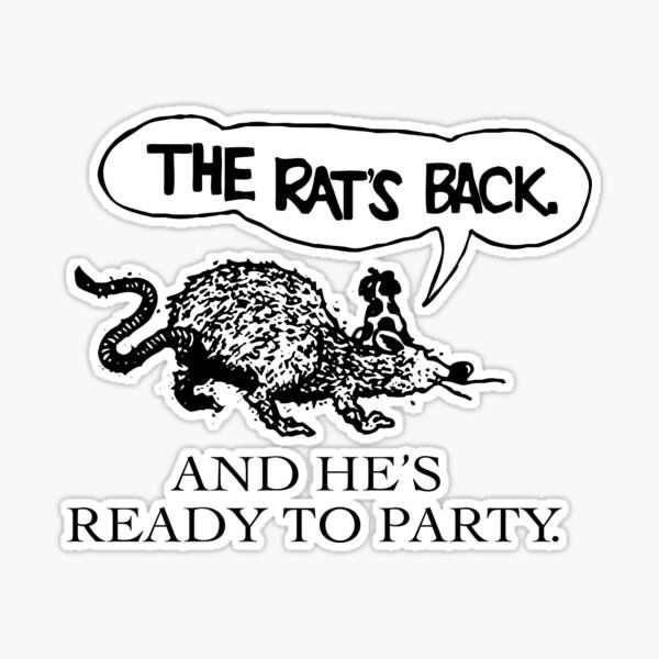 A cartoonist drawing of a rat wearing a party hat with the caption "The rat's back and he's ready to party"