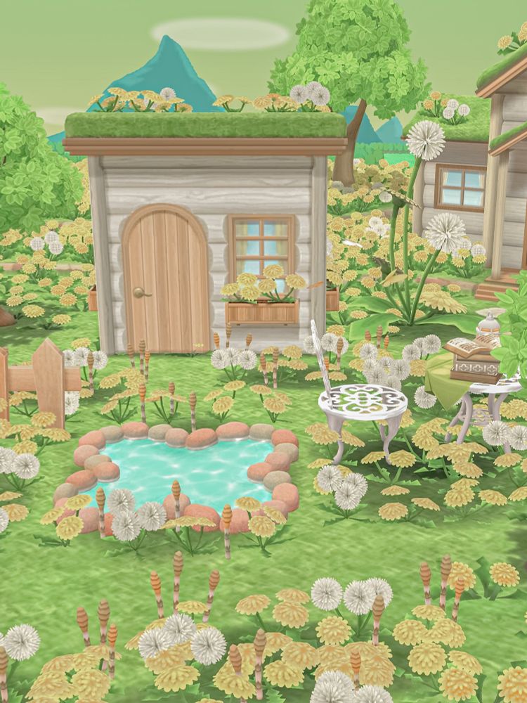 yellow & white dandelion garden designed in animal crossing: pocket camp complete 👒