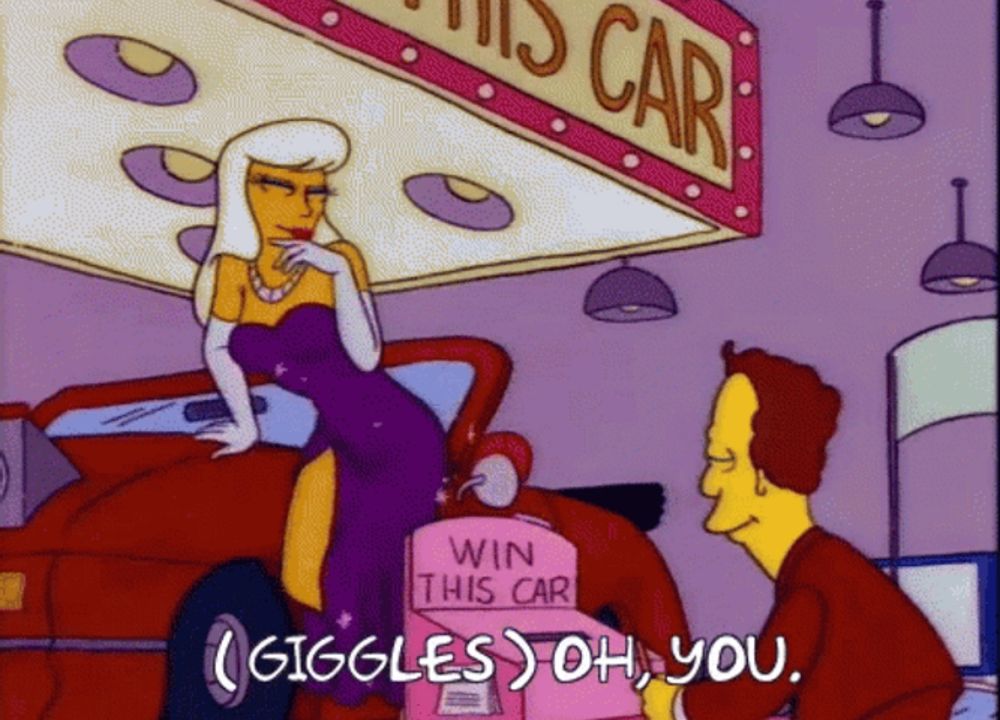 Screenshot from The Simpsons of a woman in front of a car giggling and saying oh you 