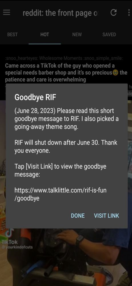 A very sad pop-up message from the Reddit is Fun app letting their users know that they will be shutting down on June 30th