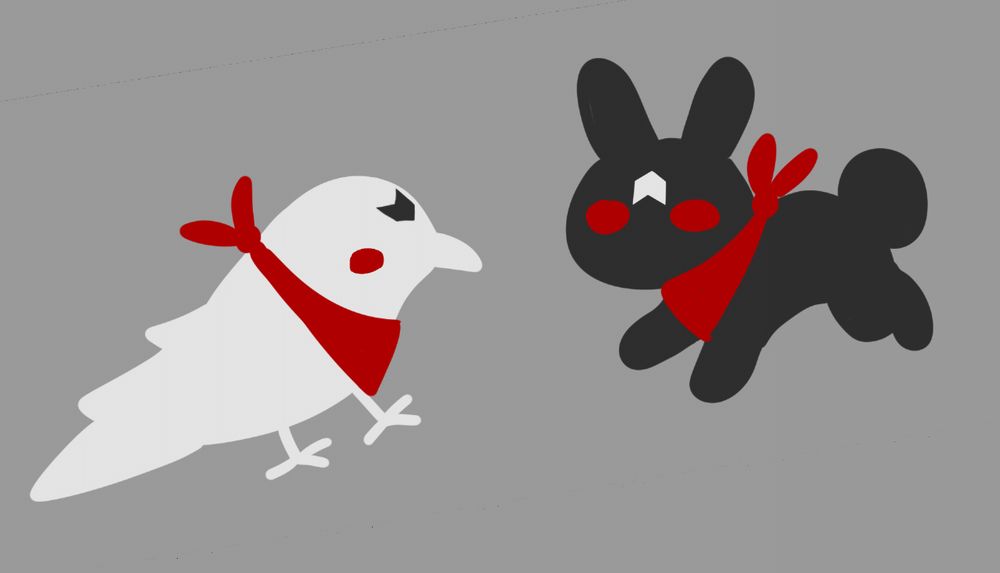 A cute drawing of an albino Raven and a black Rabbit with red eyes and red bandanas. They have opposite markings on their foreheads that match each other.