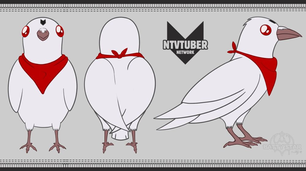 A character sheet with 3 view turnaround of an Albino Raven with red eyes, a red bandana, and a grey chevron on it's forehead pointing downward.
