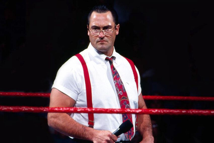 Professional wrestler Mike Rotunda, in character as I.R.S. (Irwin R. Shyster).