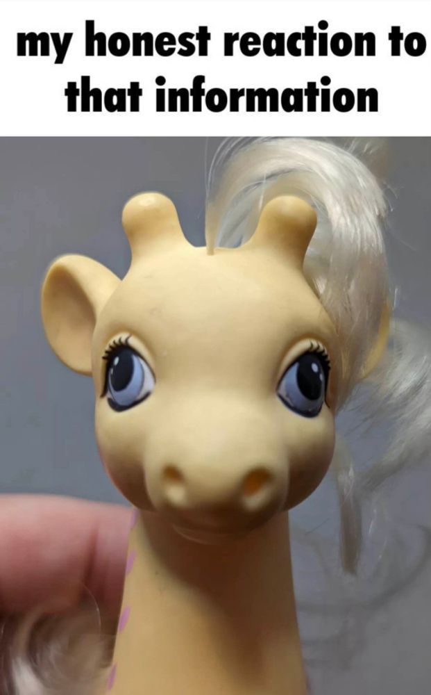 a photo of front facing creamsicle the giraffe from my little pony g1 that says "my honest reaction to that information"