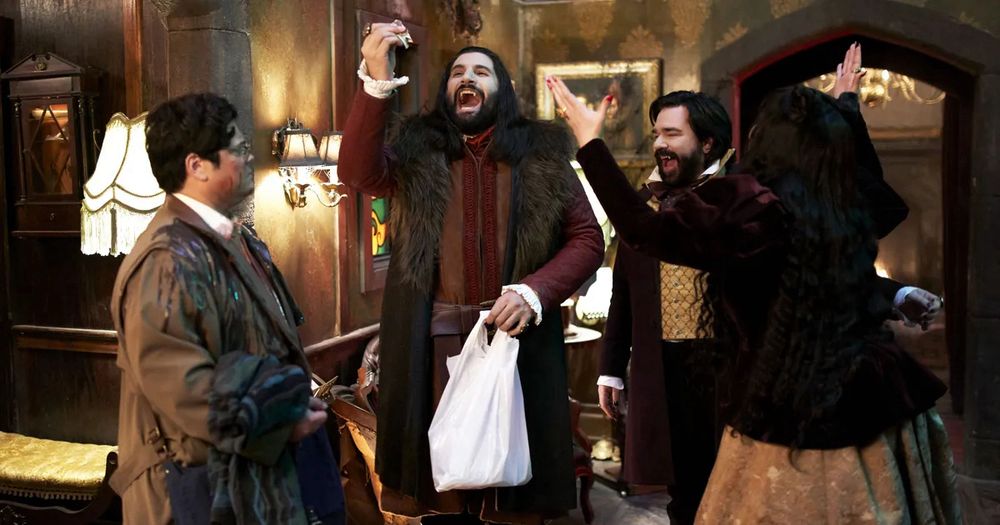 Guillermo de la Cruz covered in blood trying to explain things to an over excited Nandor the Relentless, Lazlo Cravensworth, and Nadja of Antipaxos

from what we do in the shadows
