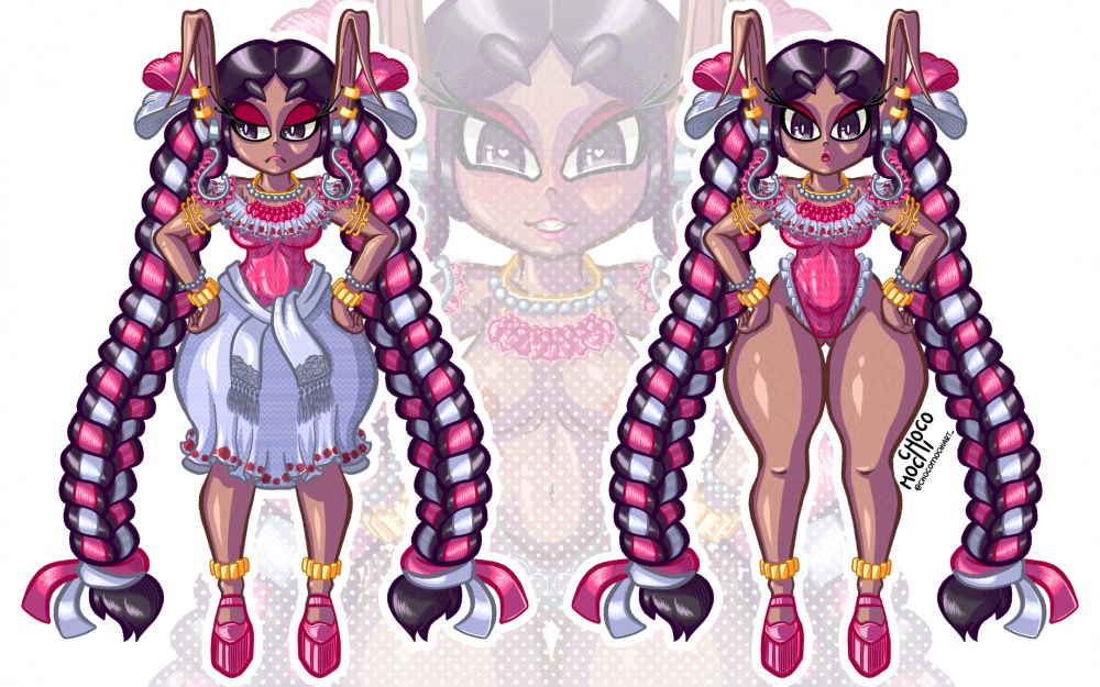Anime style digital art of Cattalina - humanized leaf-cutter ant queen with dark skin, wearing a pink bodysuit and white ruffled skirt with rose patterns. Detailed gold jewelry including petal-shaped ruby necklace, pearl bracelets, and earrings. Voluminous braids with pink and white ribbons, pointed elf-like ears, curvy physique with wide hips and thick thighs. Mexican-inspired character design, rendered in Clip Studio Paint with detailed textures and biological symbolism.