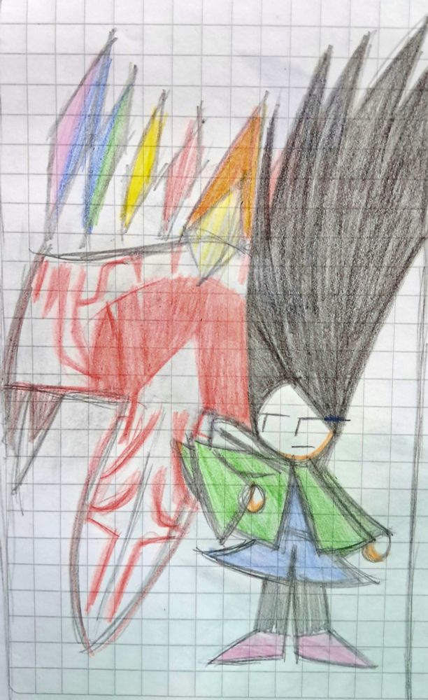 Picture of a drawing of OC Aluigi standing next to Kirby Air Ride's Dragoon machine. Aluigi looks unimpressed while the Dragoon is standing on its... tip? Front? I don't know. This is a reference to the fact I legitimately can't figure out what Air Ride machine suits Aluigi as a character, so Dragoon it is, basically