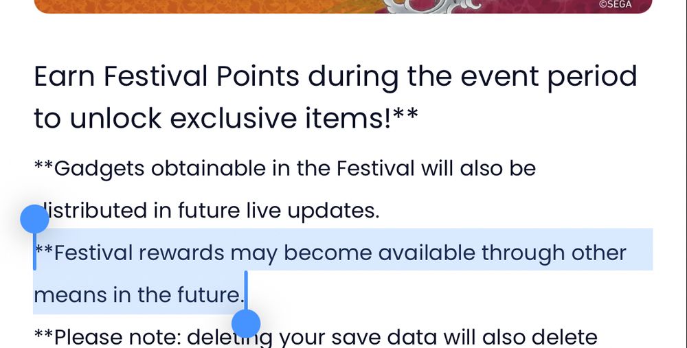 Screenshot from a Sonic Racing: CrossWorlds blogpost, highlighting one are that says “Festival rewards may become availabile through other means in the future.”