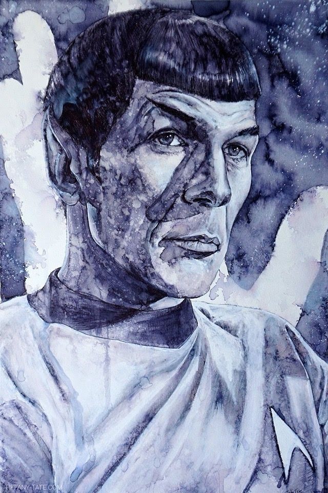 An ink wash portrait of Leonard Nimoy as Spock in shades of blue. 