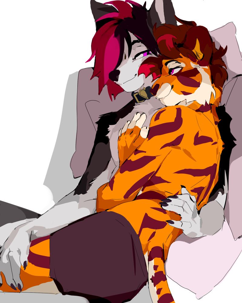 An anthropomorphic husky and a tiger hugging, rested against pillows.