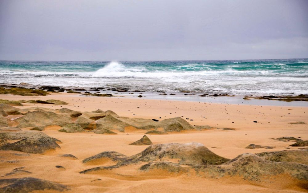 Image taken from the sandy beach looking over some rocks submerged in the sand with the sea and waves in the background. 