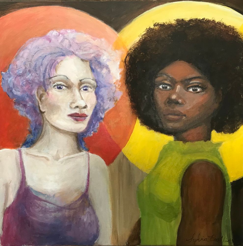 Painting of a black and a white lesbian couple in front of the visa logo