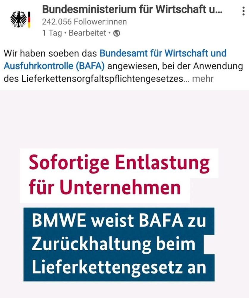 Bundesministerium für Witschaft post:

Sofortige Entlastung für Unternehmen

BMME weist BAFA zu Zurückhaltung beim Lieferkettengesetz an.
