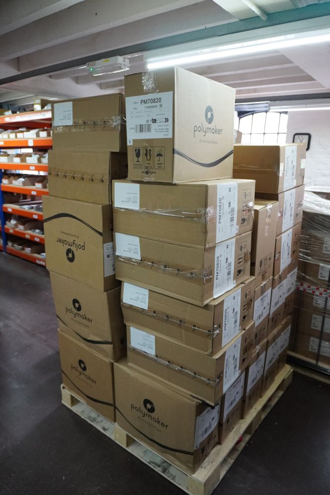 A massive delivery of 360Kg of Polymaker PolyTerra PLA filament for our 3D print farm - keeping production of Multisystem2 going for pre-orders expected to start shipping in August 2025.