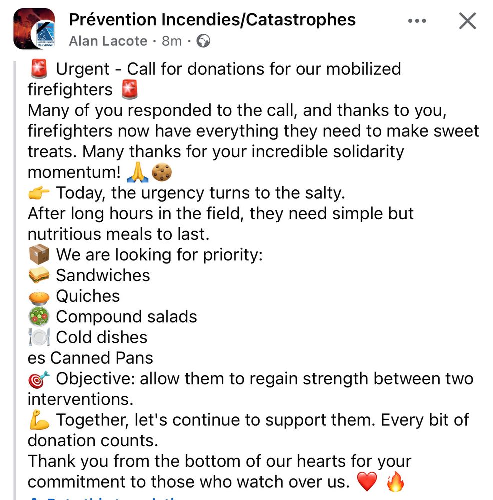 Appeal to donate sandwiches, salads and quiches to feed fire fighters in France.