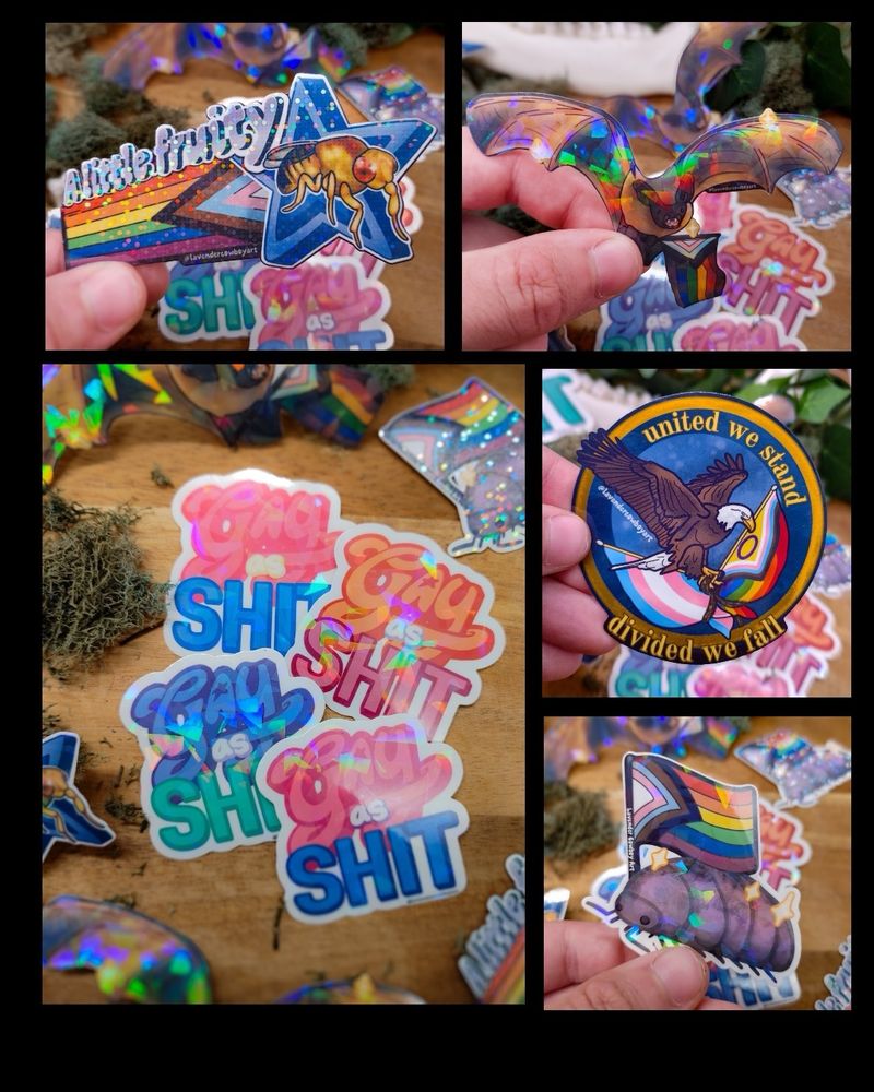 Collage of LGBTQ+ pride stickers designed and produced by lavender cowboy art @lavendercowboyart. Featuring the fruit fly “a little fruity” sticker, pride bat, pride-sopod (pride isopod), united we stand divided we fall (with trans and progress pride flags), and multiple “Gay as SHIT” stickers in different flag colors