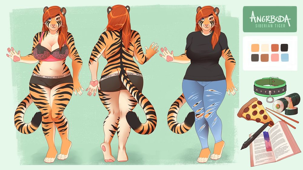 a character sheet for a female tiger named angrboda who loves pizza, sushi, drawing, and books