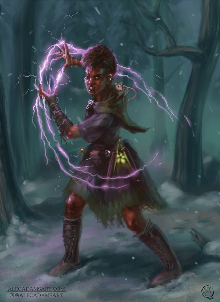 A woman standing in a snowy forest in a spell casting stance. Crackling electrical energy cuts trough the air from her finger tips. She has a fierce expression on her face as if she is looking right at an enemy.  She is wearing well worn simple green and black robes. She has a belt cluttered with equipment, among them a wand in a holster, a dagger and a glowing green alchemical lantern. Her white furred, black eyed, rat familiar clings to her cloth mantle facing the viewer. The caster is scarred on her right side and has a false right eye. She has many silver ear piercings and wears a silver cast bird skull necklace.  