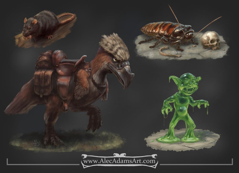 These are four paintings of creatures. The top left is a painting of a dark rat eating a small bit of food on a wooden surface. This was actually a painting of my rat Sumatra I made in celebration of her 3rd birthday. Rat lifespans are short so getting to the rip old age of 3 is a big deal.  On the bottem left is an axe beak. A horse sized terror bird with an axe shaped beak. This one is fitted with a saddle and pack bags. I made this after the group in the campaign I've been running adopted a pair of their own.  The painting on the upper right is of a very large cockroach next to a jawless human skull and rib bone. These also exist in my campaign setting. The lower right image is of a Ooze shaped like a goblin called a "Gooblin" This was an illustration I made for and item I wrote of the book "Petra's Guide to Potions and Poultices" by Paul Dean. I also painted the cover for that book too!  It's available on DriveThruRPG. 

All of these creatures are also on DriveThruRPG as stock art