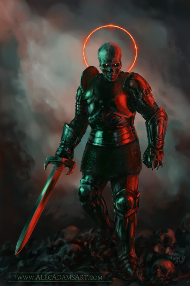A painting of a Death Knight, wearing black metal armor and wielding a long sword. The Death Knight has a skull for a head and corrupted red halo. 