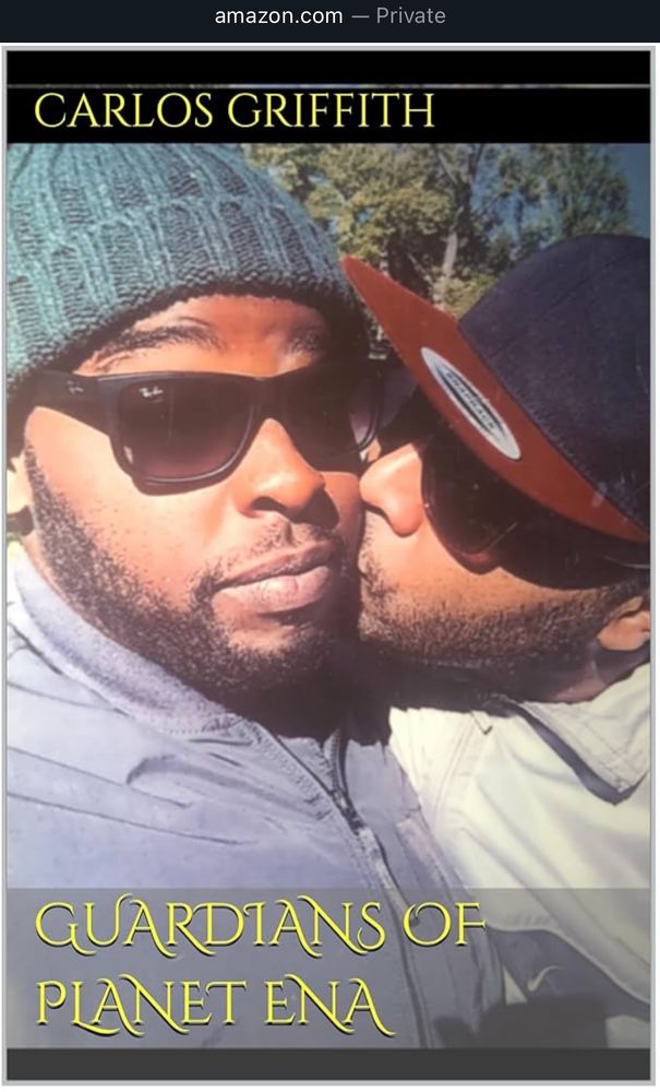 Book cover of the legendary fantasy romance Guardians Of Planet Ena. Gracing the book cover are the two handsome gay black MCs. A forest is behind them. They wear RayBan sunglasses, jackets and hats as the sun illuminates their faces. Link in bio to all five novels. 