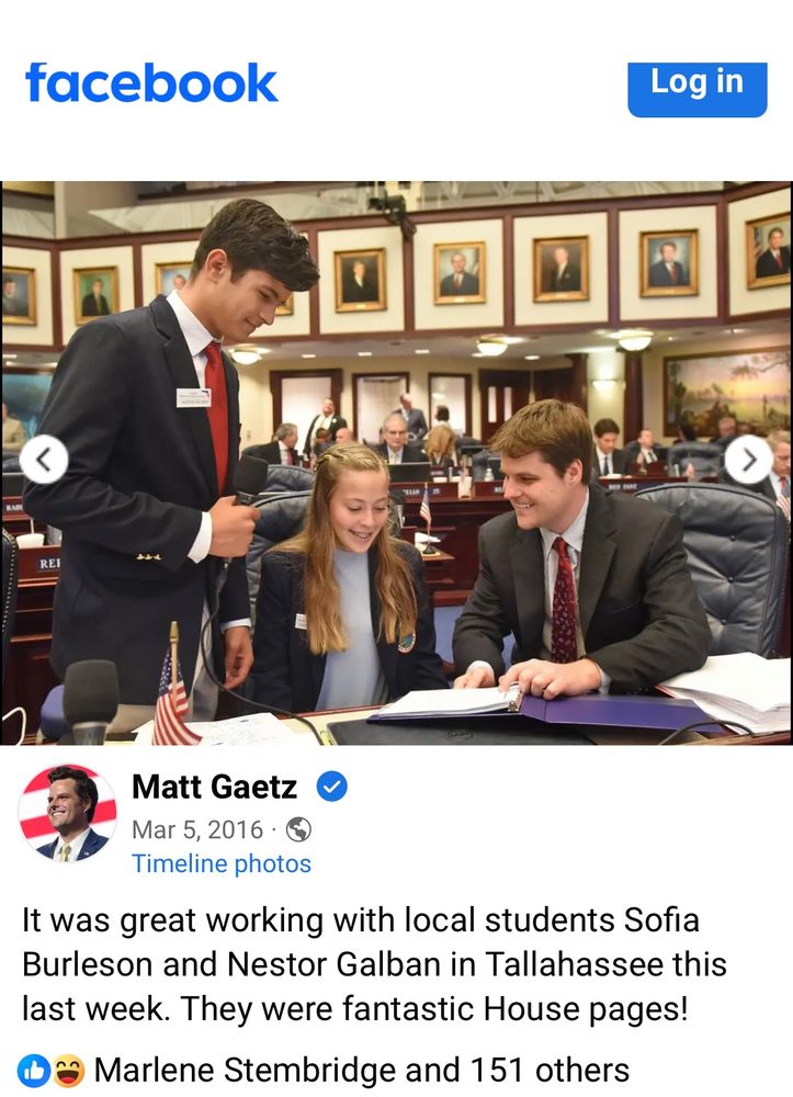 Screenshot of Matt Gaetz Facebook page from March 2016 thanking his, then unknown, adopted son, Nestor, for being a House page. He would later reveal Nestor as his adopted son, when Gaetz became involved in a sex trafficking scandal in an attempt to deflect the story. 