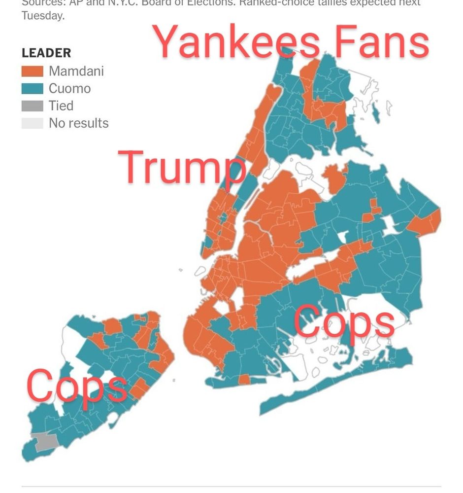 A map of the votes in the NYC mayoral primary showing outer-burough cops, mid-town Trump,  and Bronx Yankees fans voting for Cuomo
