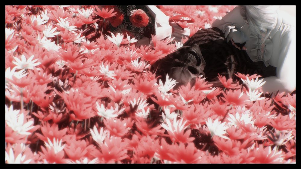 A wider angle that shows the expanse of the flowerbed, and how the man wraps one arm around the ribcage of the skeleton, like he's gently trying to shake it awake. His hair hangs in his face. 