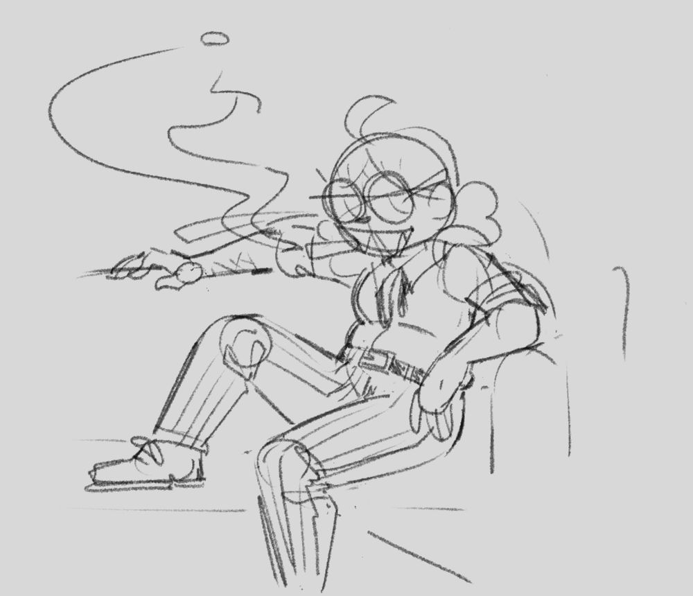 A rough sketch of Hector from Great God Grove with visible construction lines. He is reclining on a sofa with one leg up and the other dangling off, and his arm over the back. He's wearing pinstriped slacks and a dress shirt with rolled up sleeves. He has a cigar between his teeth and there is a smug or flirtatious quality to his expression.