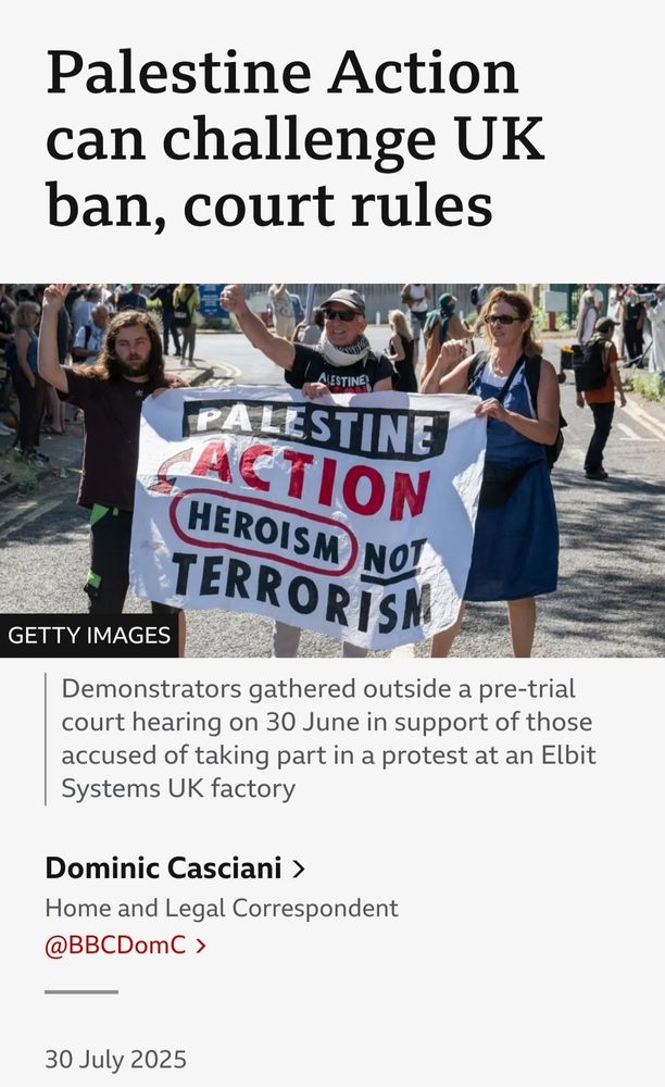 Palestine Action can challenge UK ban, court review - BBC preview 30 July 