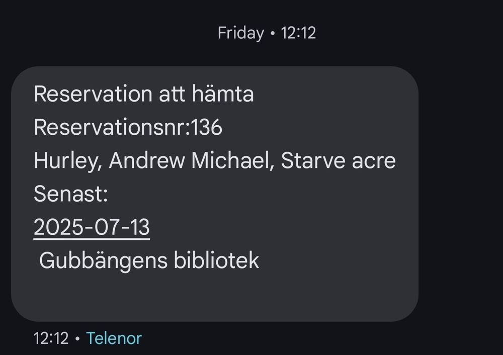 Reservation notification from Stockholm Library for Starve Acre. 
