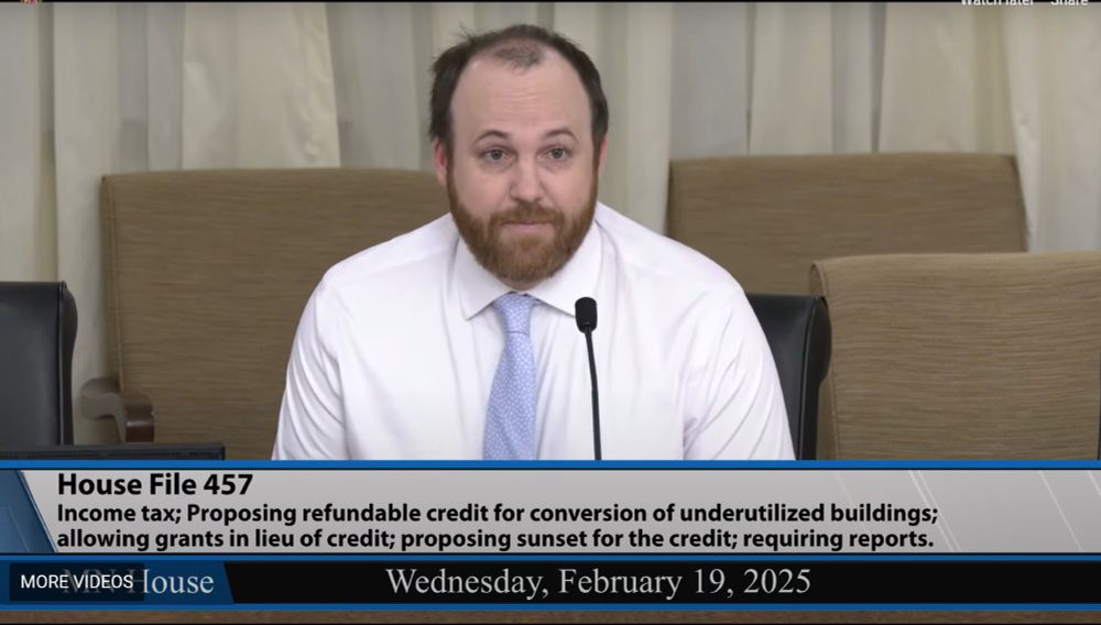 Fresh Energy's Sam Friesen testifying in the House Housing Finance and Policy committee.
