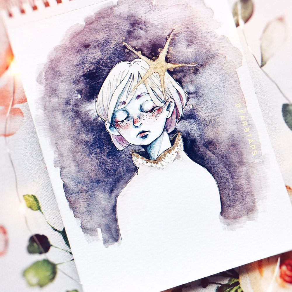 ein Aquarellportrait:
eine Person mit geschlossenen Augen