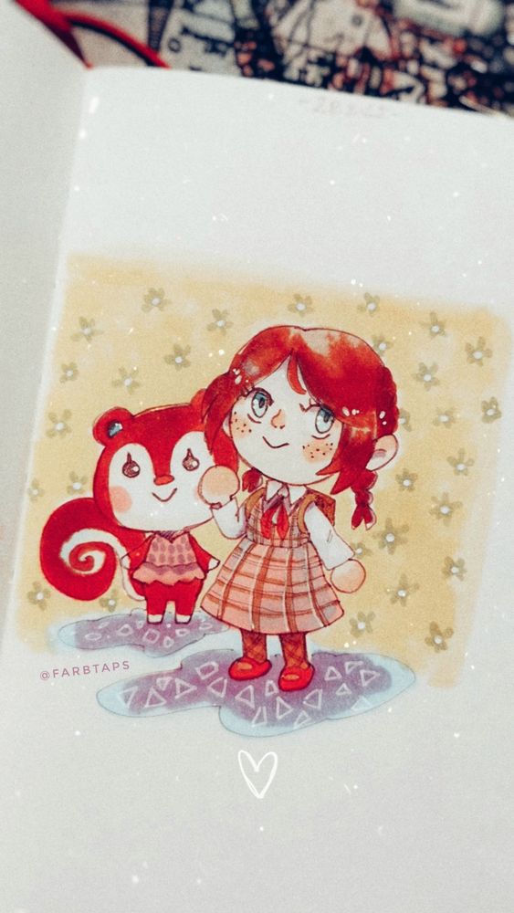 mit Markern coloriertes Fanart von Animal Crossing,
eine weibliche Spielfigur und ihr kleiner Tierbegleiter