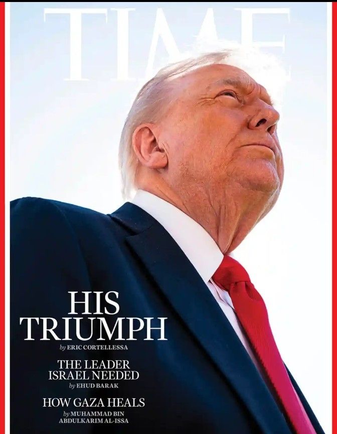 The TIME magazine cover that has upset President Trump so much. The shot is taken from under his chin with the sun behind his head, showing his thin hair. The word TIME is behind his head, with the bottom of the M obscured, causing some confusion for the president 