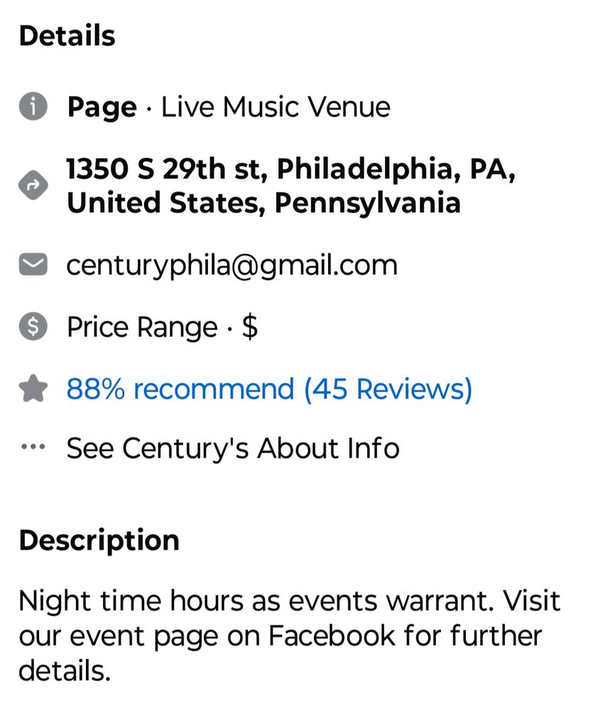 A brief description of the Live Music Venue called Century, located at 1350 S 29th St, Philadelphia, PA 19146.

This image, taken from Century's Facebook page, lists the venue's email address as centuryphila@gmail.com
