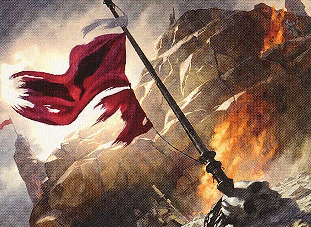 Art of the Magic: The Gathering artifact card “Mardu Banner”.

It is a ragged flowing crimson flag that depicts stylized black dragon wings as though they were painted with a single masterful brush stroke each. Its mast stands piercing a skull in a flaming arid battlefield.

The Mardu Hoard in the original timeline valued strength and speed whereas in the new timeline value organization above all else. Most pertinently, one of their great Khans was Alesha, Who Smiles at Death a trans woman whom they celebrate to this very day.