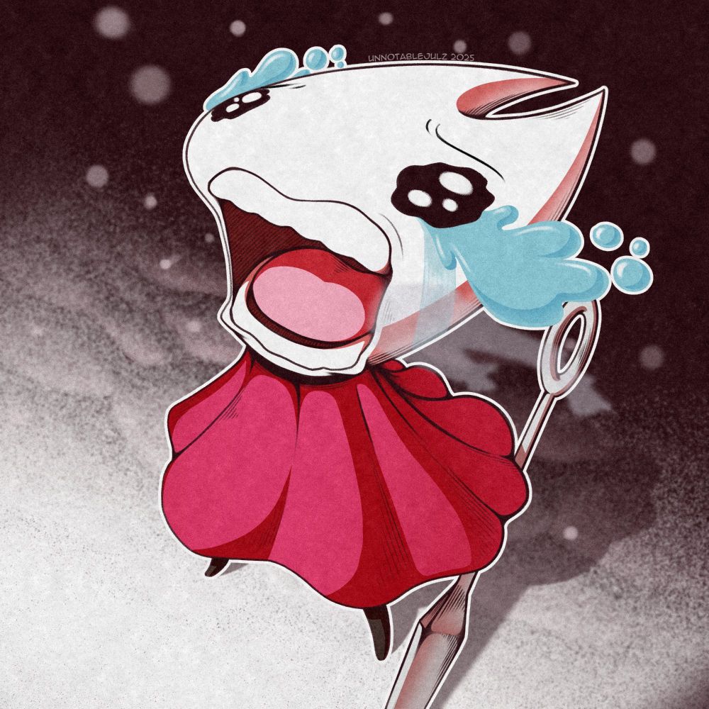 A joyful crying in awe Hornet from the Hollow Knight series in the style of the iconic Tony Tony Chopper Crying shot from One Piece.

Wonderfully rendered by @unnotablejulz who happens to be here in Bluesky