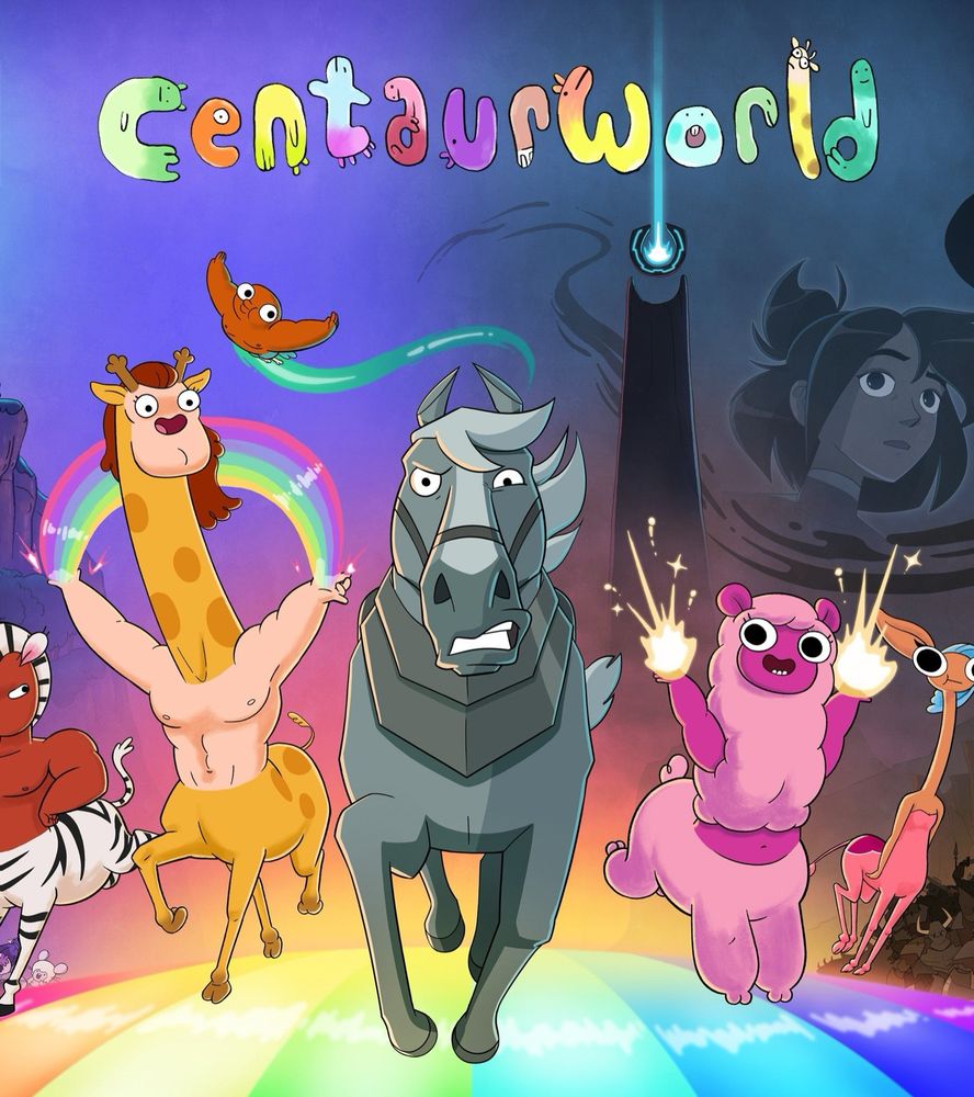 Centaureworld an animated show about a regular horse that gets transported to a cute centaur themed world filled with all sorts of different variations on centaurs such as seen in the poster with a half giraffe himbo, a half zebra Jock, a half alpaca sorceress, and a half gerenuk kleptomaniac. 