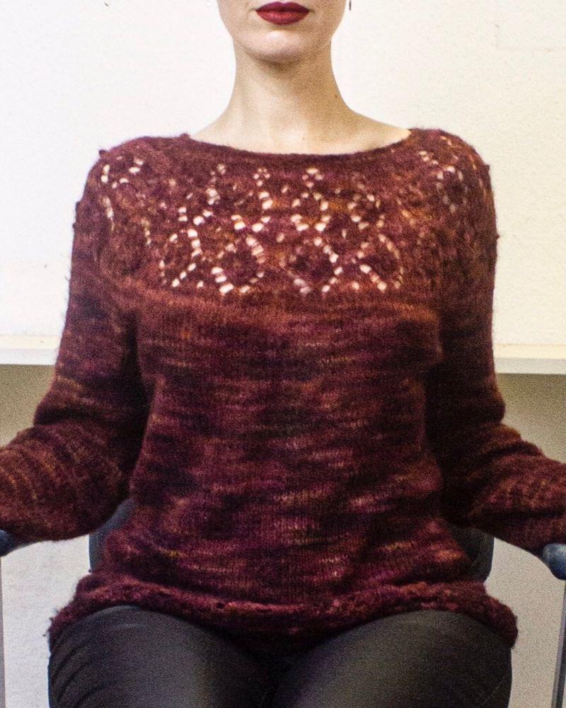 Blooms sweater 
Knitted in brushed alpaca, absolute lightweight. The pattern is available in an incredible 11 sizes, for people with a chest circumference from 80 cm to 146 cm.  But diversity does not stop here! This pattern comes standard with yoke for normal, short (petite) and tall sizes.  A short size will never fit well by simply shortening the overall length. This instructions takes that into account, so any chest measurement will work for people under 5’6” as well as for people over 5’7”.