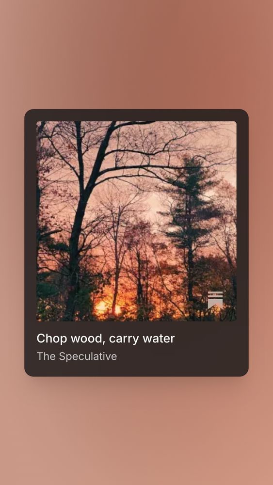 An image of an orange sunrise with naked trees, framed in dark brown. The caption says "Chop wood, carry water," from The Speculative, my author newsletter. 