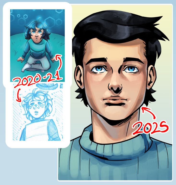 Side to side comparison of 3 drawings of The Prodigy from Ayreon's "The Theory of Everything".
First, a finished drawing from 2021, where the character, a child with long black hair and huge blue eyes is sitting down with his legs crossed, looking up.
Under that, a sketch of the same character with the same appearance in blue colored pencil, he has no clear expression.
To the right, a portrait of the character, entirely redesigned, from 2025. He has shorter hair but longer bits still peek from behind. He has no expression or glow in his eyes.