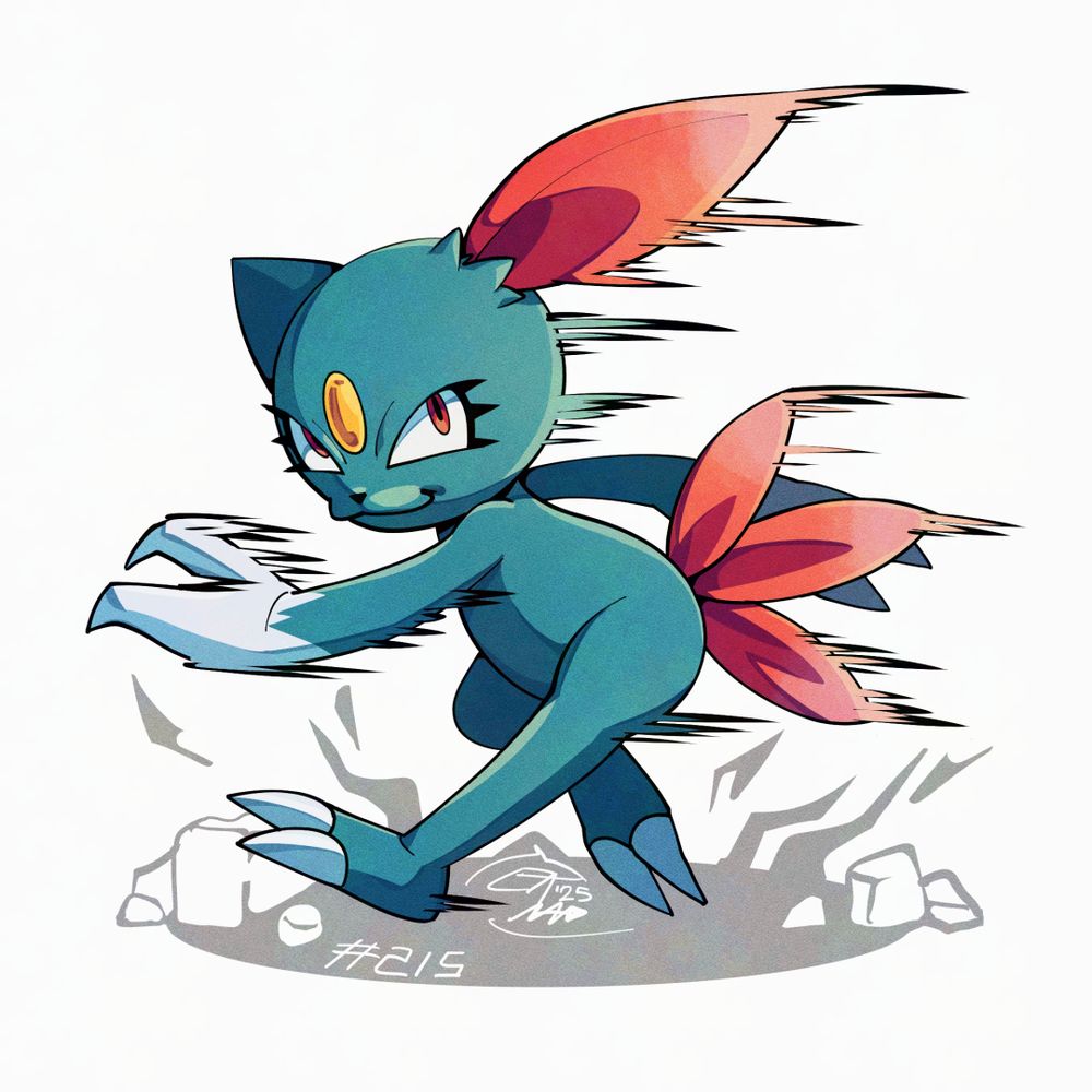 Illustration of Sneasel. the Pokémon is rapidly moving towards our left, and it looks like it just attacked with its left claws. Its right arm is moved backwards and its right leg is flexed, like it's in the middle of running. It's looking at us with a mischevious and confident expression.